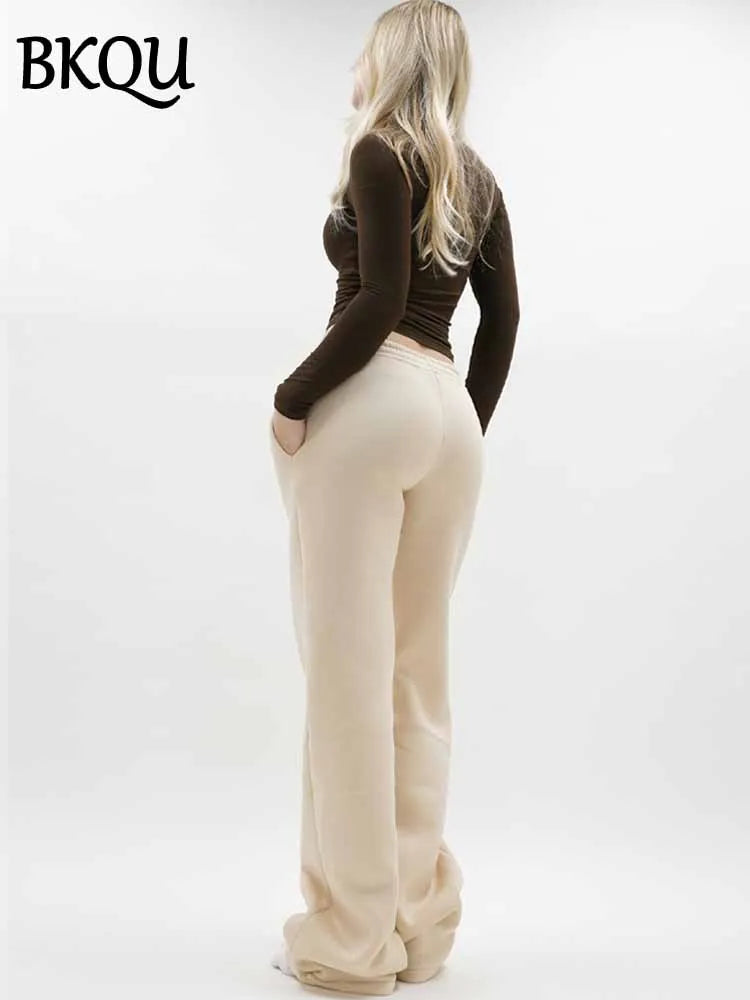 BKQU 2025 Harajuku Wide Leg Sweatpants for Women Elastic Waist Casual Pocket Joggers Straight Trousers Fashion Streetwear Lady