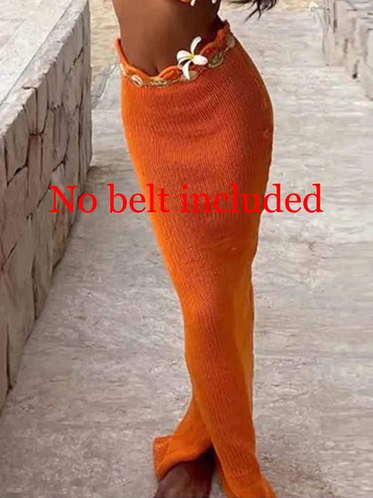 Chic Knitted Bikini Vest Skirt Sets Women Shell Twist Strap Backless Crop Top Hip Package Split Long Skirt 2 Piece Beach Outfits