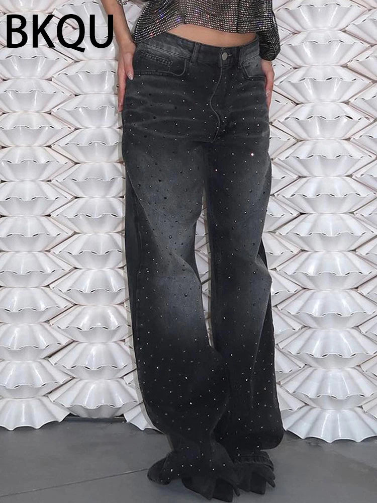 BKQU 2024 American Wide Leg Jeans Women Black High Waist Straight Diamond Rhinestone Baggy Denim Long Pants All-match Streetwear
