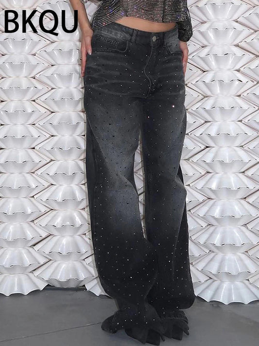 BKQU 2024 American Wide Leg Jeans Women Black High Waist Straight Diamond Rhinestone Baggy Denim Long Pants All-match Streetwear