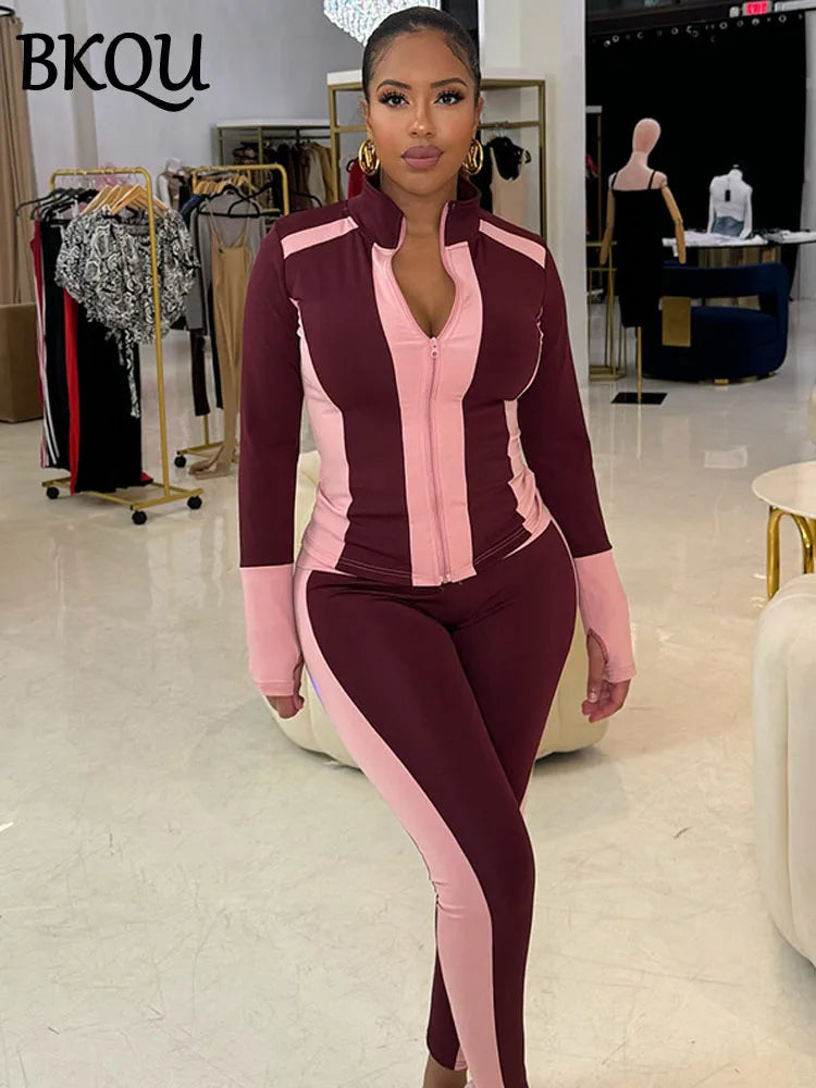 BKQU 2 Piece Tracksuit Casual Outfits Women Contrast Patchwork  Long Sleeve Zip Crop Tops Legging Pants Sporty Matching Set 2025
