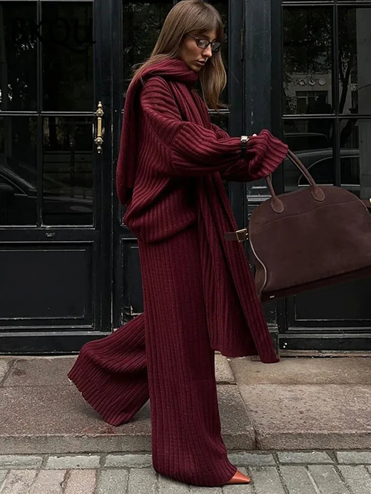 BKQU Elegant With Scarf Knit Pants Set Women Autumn Winter Loose V-neck Pullover Sweater Elastic Straight Trouser WarmStreetwear