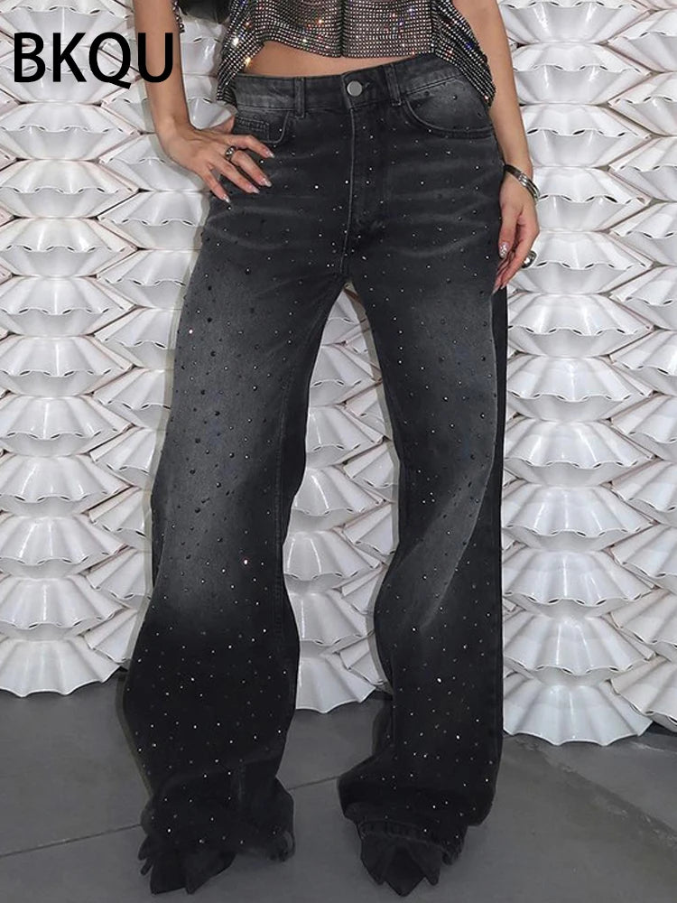 BKQU Straight Baggy Jeans Women High Waist Wide Leg Rhinestones Denim Long Pants 2023 Fashion Streetwear Diamonds Shinny Trouser
