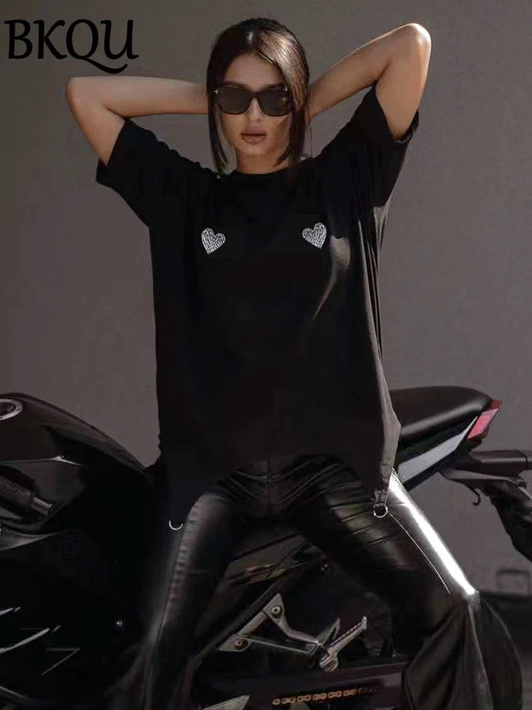 BKQU Summer Hot Diamond T Shirt Women Loose Streetwear Printed Short Sleeve Fashion Rhinestone O-neck Cotton Oversize Tees Tops