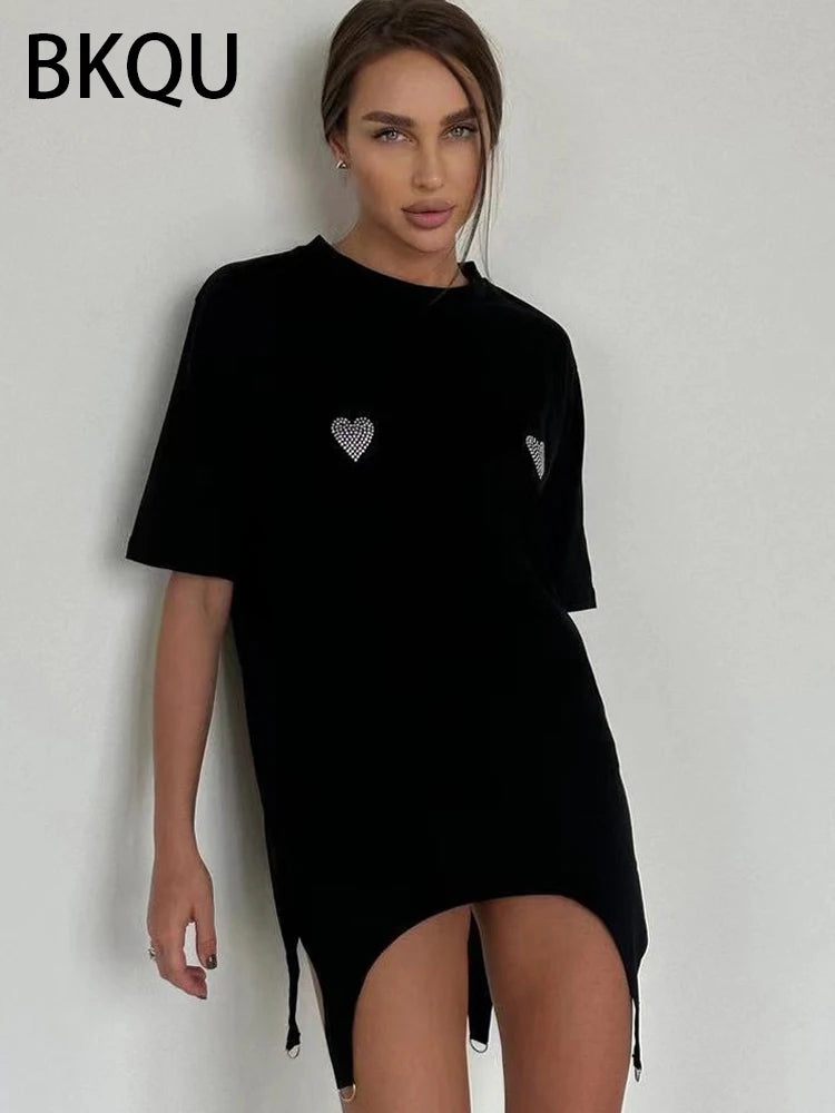 BKQU Black T shirts for Women 2024 High Street Letter Rhinestone Loose O-neck Tees Top Short Sleeve Hot Diamonds Tassel Pullover