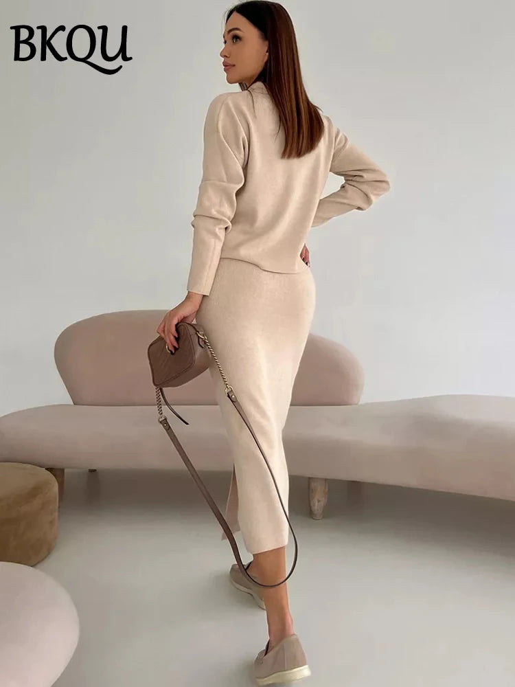 BKQU 2 Pieces Lapel Pullover Sweaters Long Skirt Suit Elegant Solid Knitted Sets For Women Bodycon Autumn Winter Party Outfits