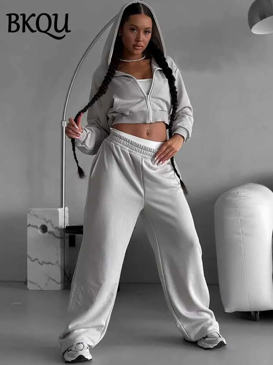 BKQU Pants 2 Piece Set Women Hoodies Tracksuit 2025 Spring Casual Zip Long Sleeve Jacket +Elastic Waist Sweatpants Matching Suit