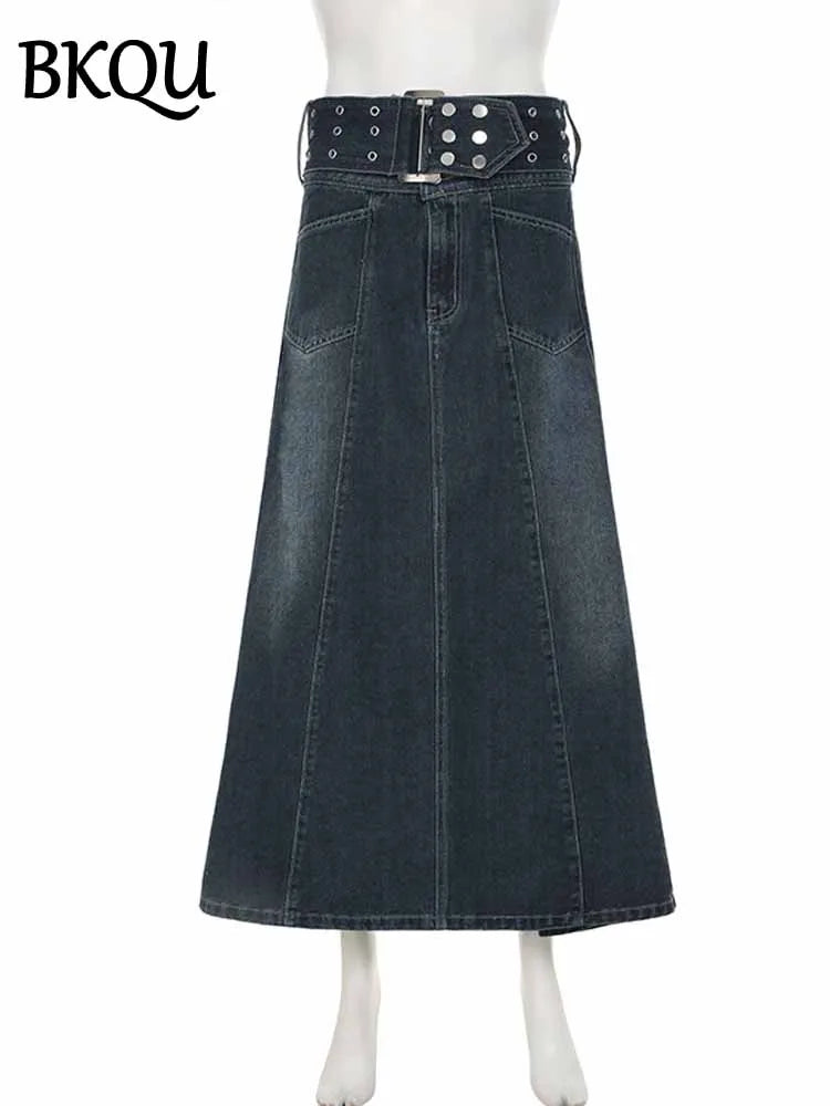 BKQU Vintage Rivet Belt Denim Skirt Women Low Waist A-Line Pockets Long Skirts Aesthetic Casual Y2k Baggy Jean Skirt 2025 Spring