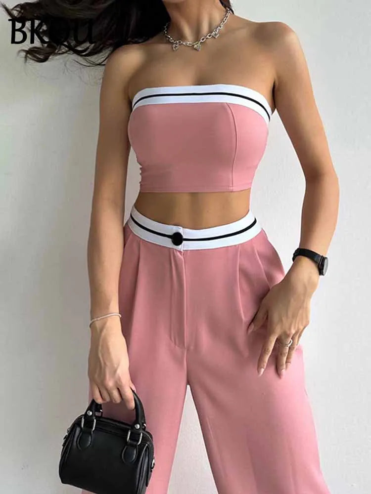 BKQU Strapless Vest Pants 2 Piece Set Women's 2025 Summer Contrast Sports Tube Bra + Wide Leg Trousers Casual Lady Street Outfit