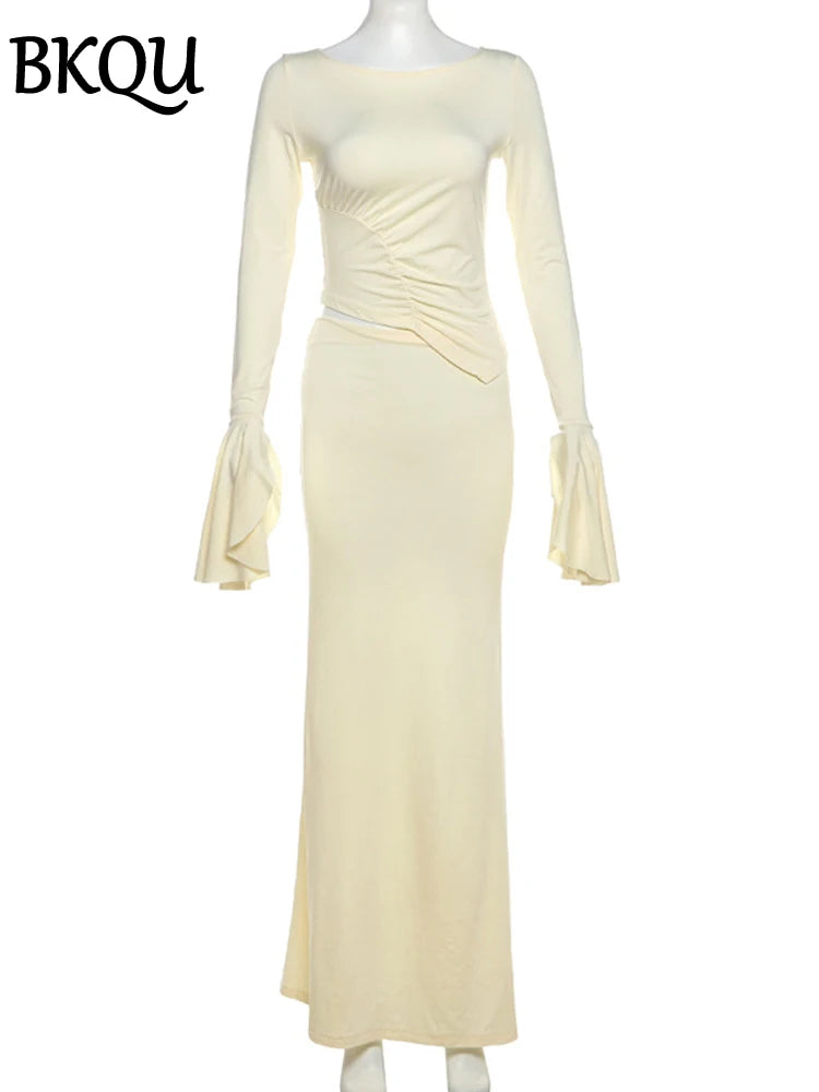 BKQU Ruched Elegant Women Two Piece Dress Outfits Sexy Long Sleeve Irregular Crop Top+Slim Maxi Skirts Set Autumn Party Clothes