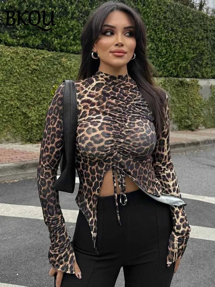 BKQU Leopard Drawstring Print Long Sleeve T-shirt Women Elastic Sexy Ruched O Neck Split Crop Top Female Y2k Club Irregular Tees