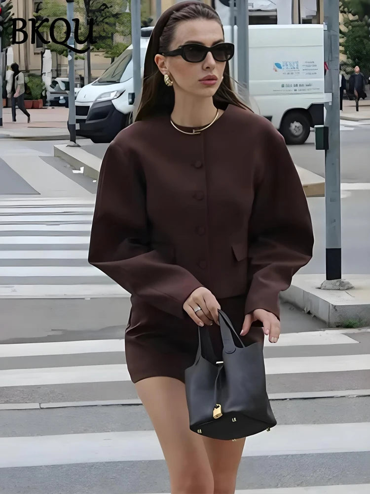 BKQU Elegant Women's O-neck Coat Skirts 2-piece Set Commute Single Breasted Jacket Lady Suit Chic A-Line Women's Mini Skirt Set