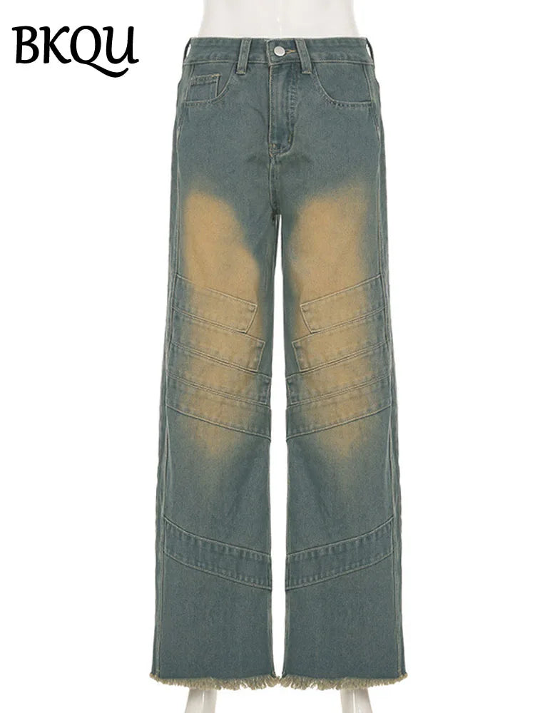 BKQU Vintage Blue Denim Straight Pants Women Patchwork High Waist Fashion Loose Wide Leg Jeans Hip Hop Y2k Party Cargo Trousers