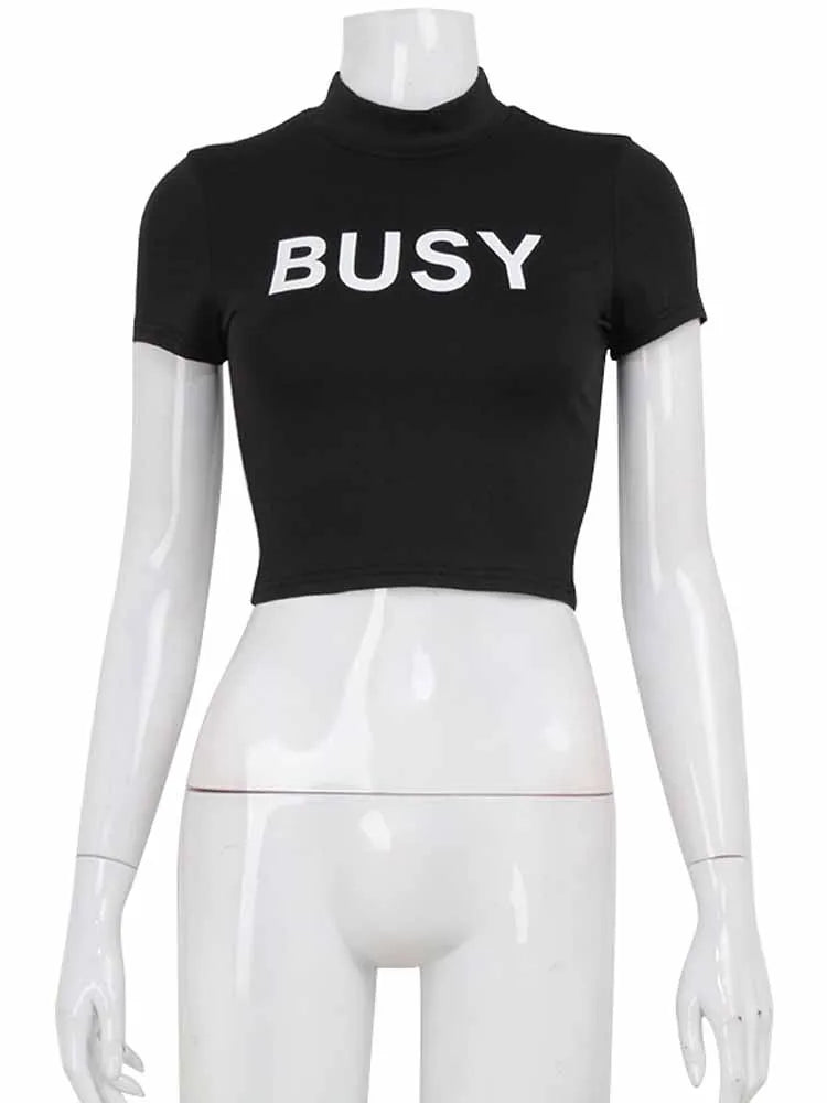 BKQU Letter Printed Baby Tees Women Casual Solid O-neck Short Sleeve T-Shirt Summer Fashion Streetwear Y2K Slim Fit Crop Tops