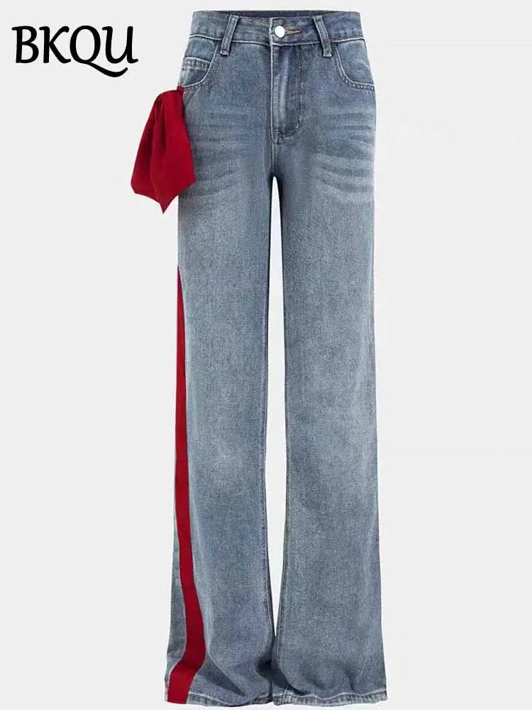 BKQU Splicing Jeans Women Fashion Contrast Side Bow Loose High Waist Straight Denim Pants 2025 Spring Temperament Street Jeans