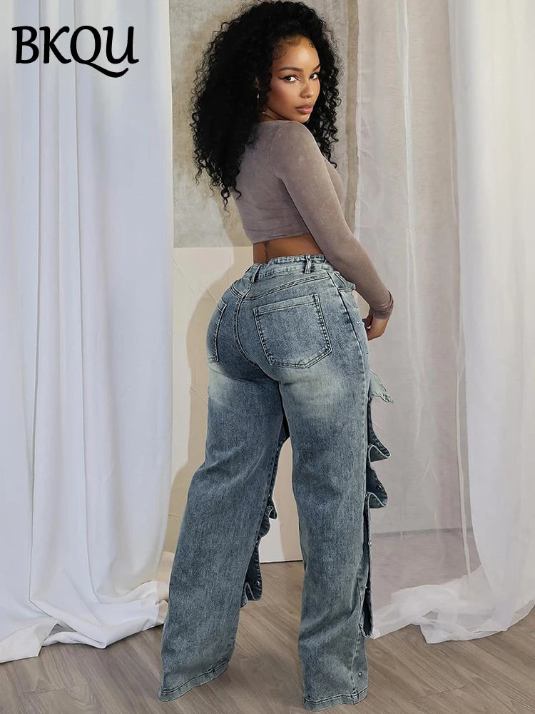 BKQU Fashion Straight Jeans Women's Detachable Button Decoration Denim Wide Leg Pants High Waist Y2K Hipster Streetwear Bottoms