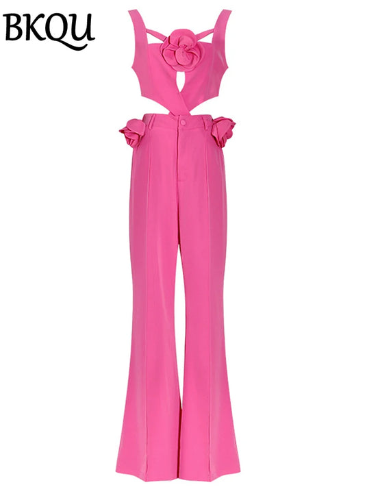 BKQU Trendy Pants Two Pieces Set Women 3D Floral Sexy Hollow Out Vest High Waist Flare Trousers Sets Elegant Lady Party Outfits