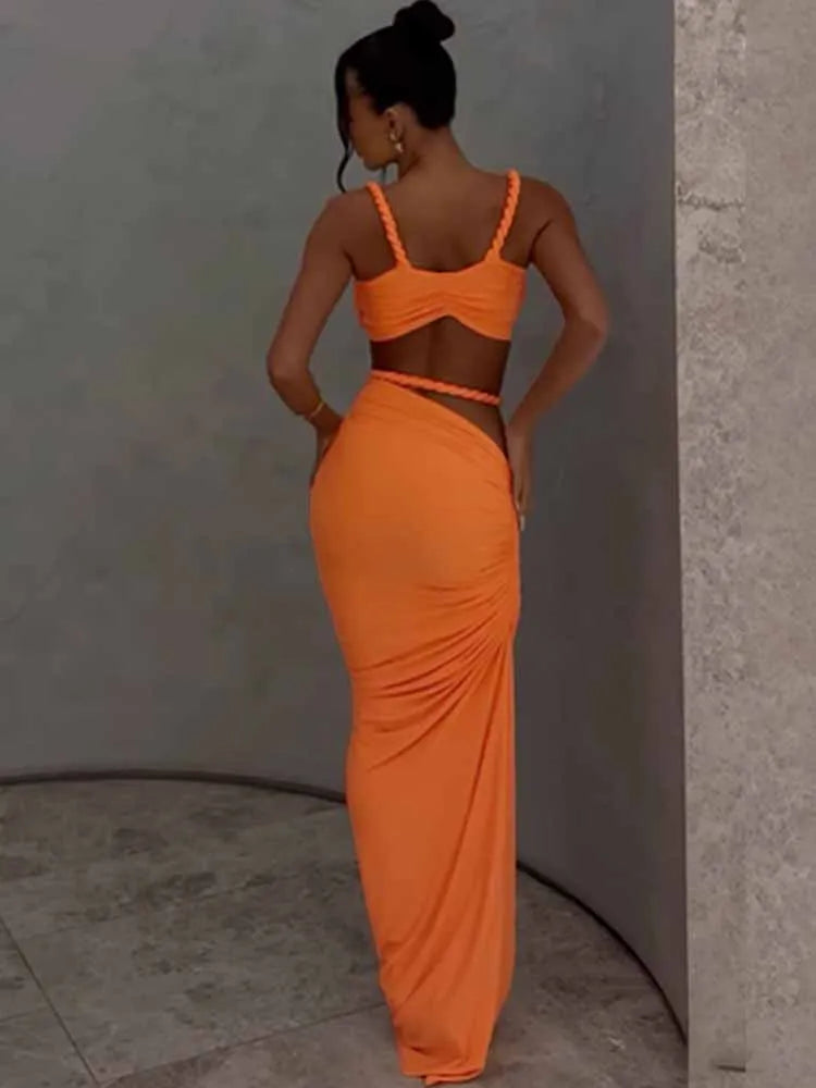 BKQU Hollow Out Sexy Women 2 Piece Set Vacation Outfit Twist Sling Bikini Crop Tops Ruched Slim Long Skirts Matching Suits 2025