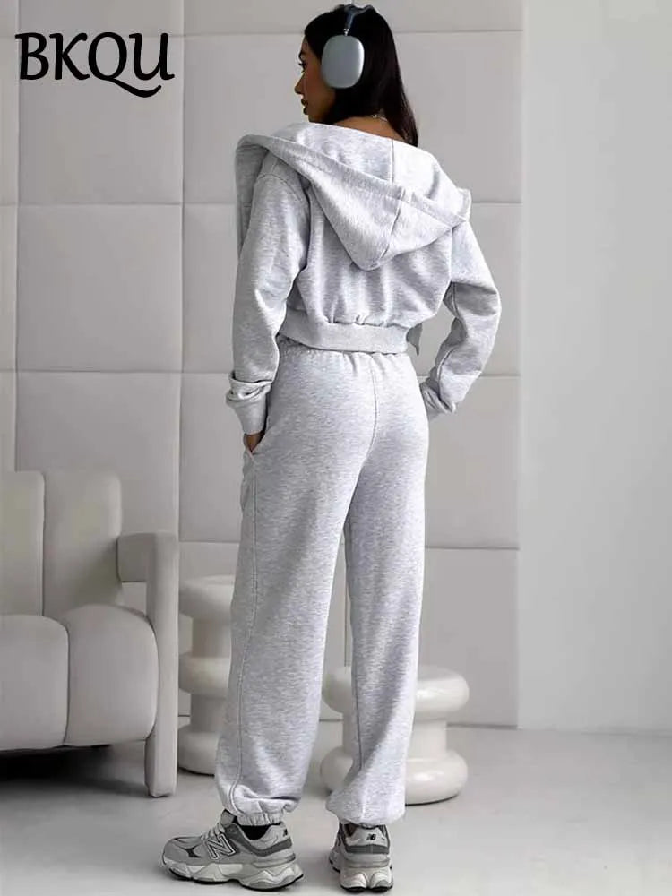BKQU Pants 2 Piece Set Women Hoodies Tracksuit 2025 Spring Casual Zip Long Sleeve Jacket +Elastic Waist Sweatpants Matching Suit
