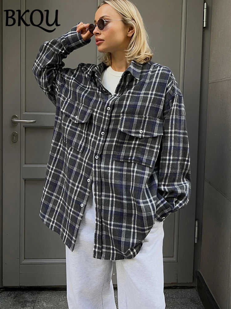 BKQU Plaid Single-breasted Loose Blouse Women Pocket Long Sleeve lapel Shirts 2024 New Korean Style Casual Mid-length Tops