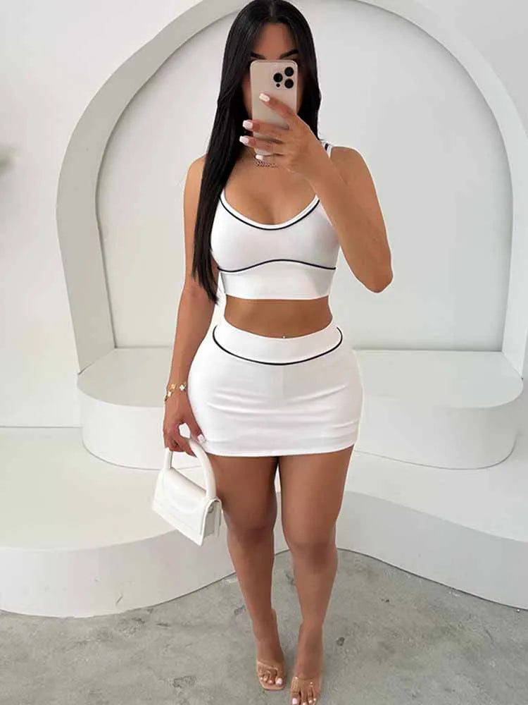 BKQU Stripe Women Casual 2 Piece Sets Ribbed Sports Backless Tank Top+High Waist Split Mini Skirt Outfits 2025 Summer Tracksuits