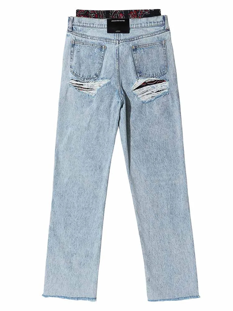 BKQU Ripped Straight Jeans Women American Vintage Print Spliced High Waist Denim Wide Leg Pants Hip Hop Y2k Wild Streetwear 2025