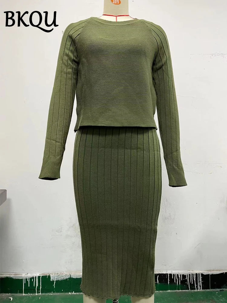 BKQU Knitted Dress Sets Women Sleeveless Square Collar Midi Dress and Long Sleeve O-neck Ribber Sweater Elegant Two Piece Set