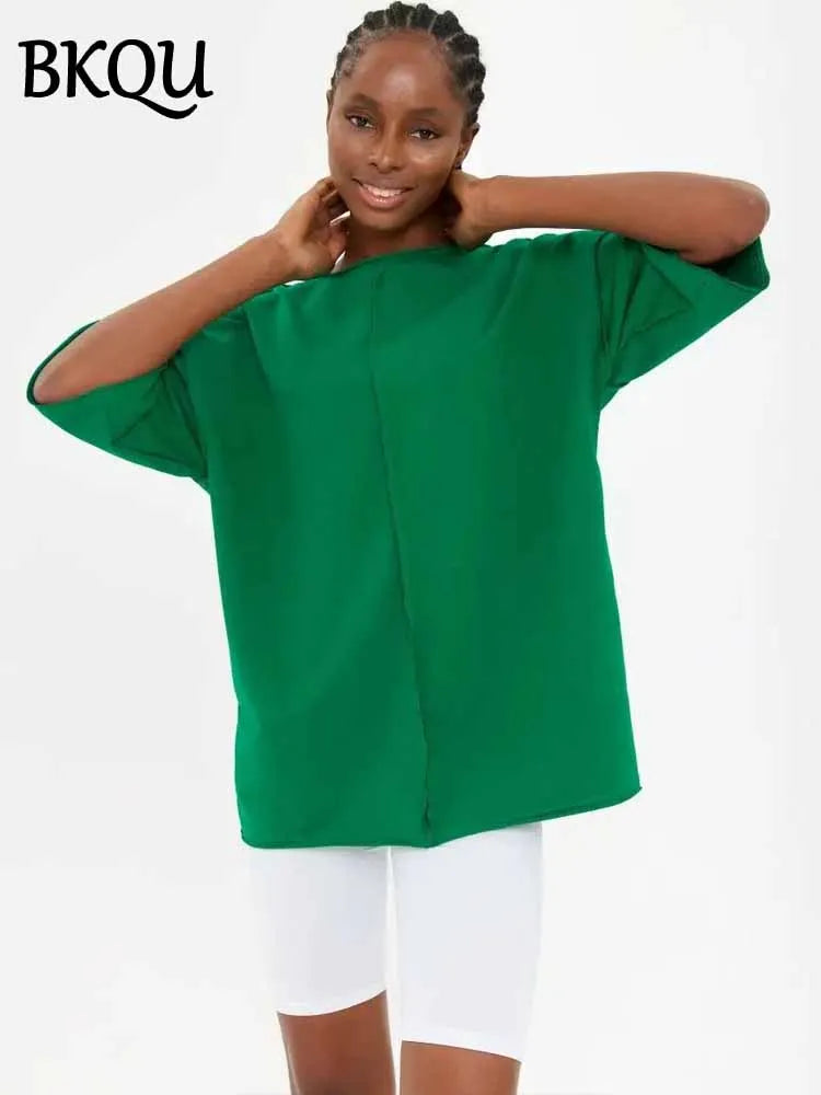 BKQU Summer Loose Short Sleeve T-Shirt Women Casual Solid O-neck 100% Cotton Tees 2025 New Simple Versatile T-shirt Streetwear