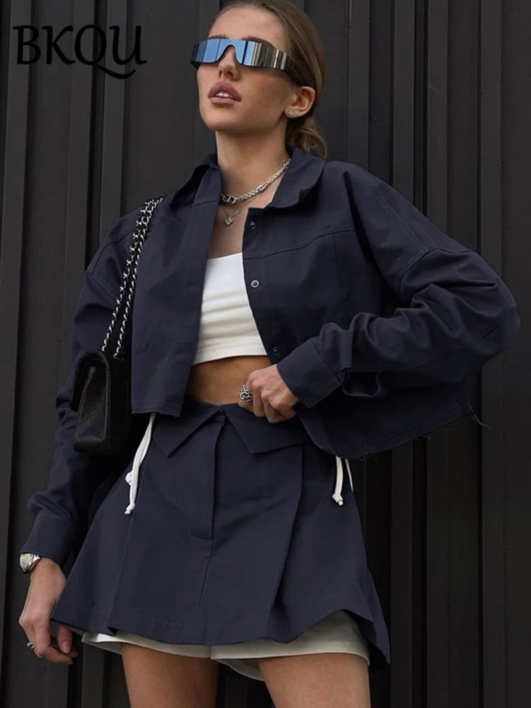 BKQU Fashion Women's Suit 2024 Elegant Lapel Long Sleeve Button Short Jacket Mini Pleated Skirts 2 Piece Outfit High Streetwear