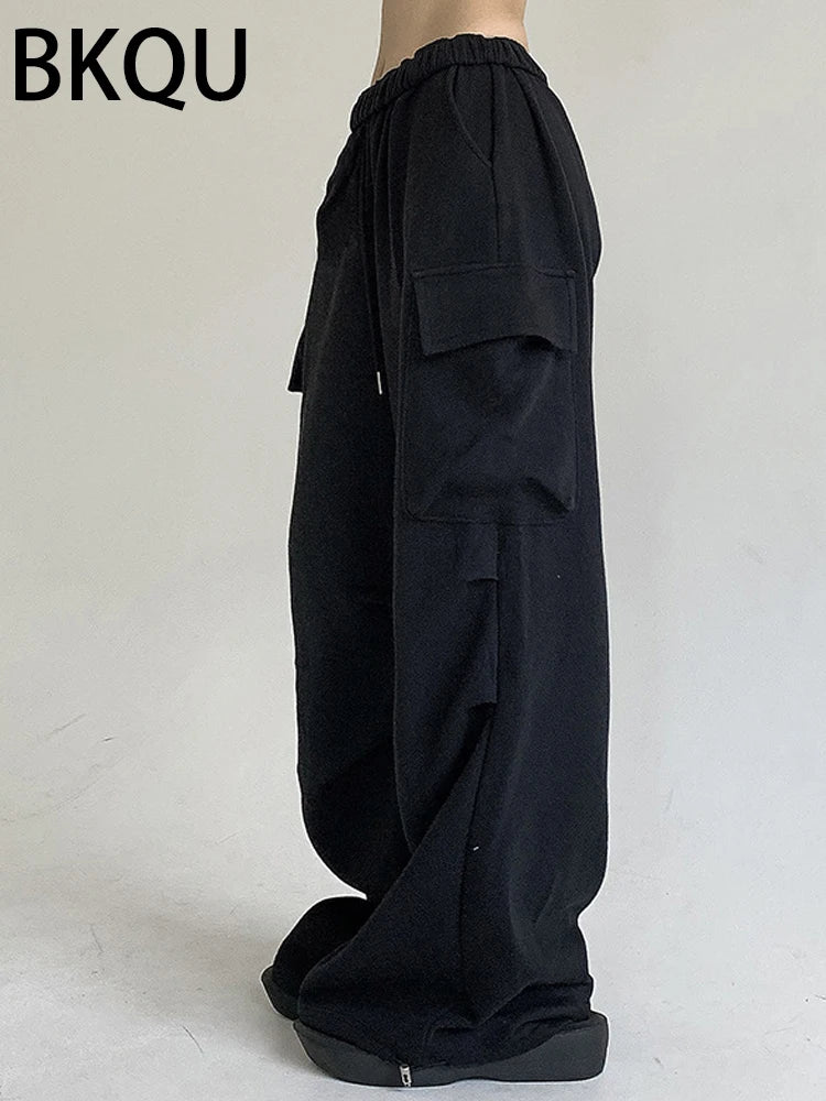 BKQU 2023 Baggy Wide Leg Cargo Pants Women Casual Oversized Pockets Low Waist Straight Jeans Streetwear Hippie Joggers Trousers