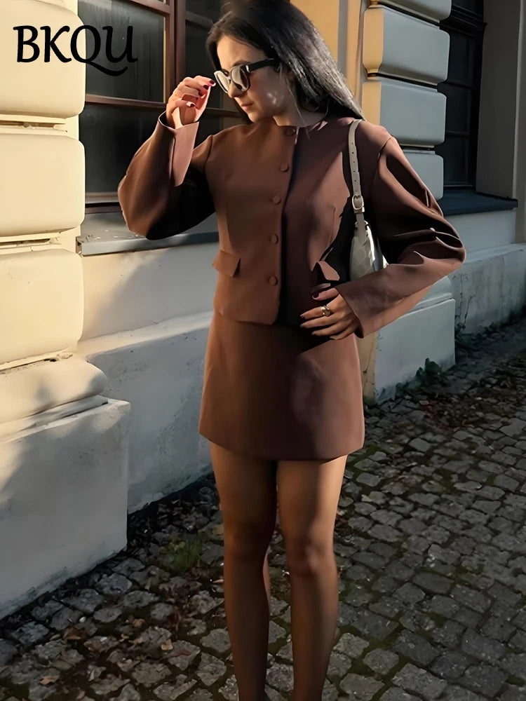 BKQU Elegant Women's O-neck Coat Skirts 2-piece Set Commute Single Breasted Jacket Lady Suit Chic A-Line Women's Mini Skirt Set