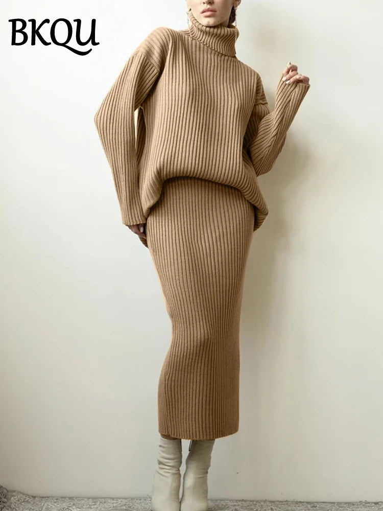 BKQU Turtleneck Sweater Elegant Knitted Skirt Suit Women Autumn Winter Soft Loose Pullover Elastic Slim Midi Skirt Two Piece Set