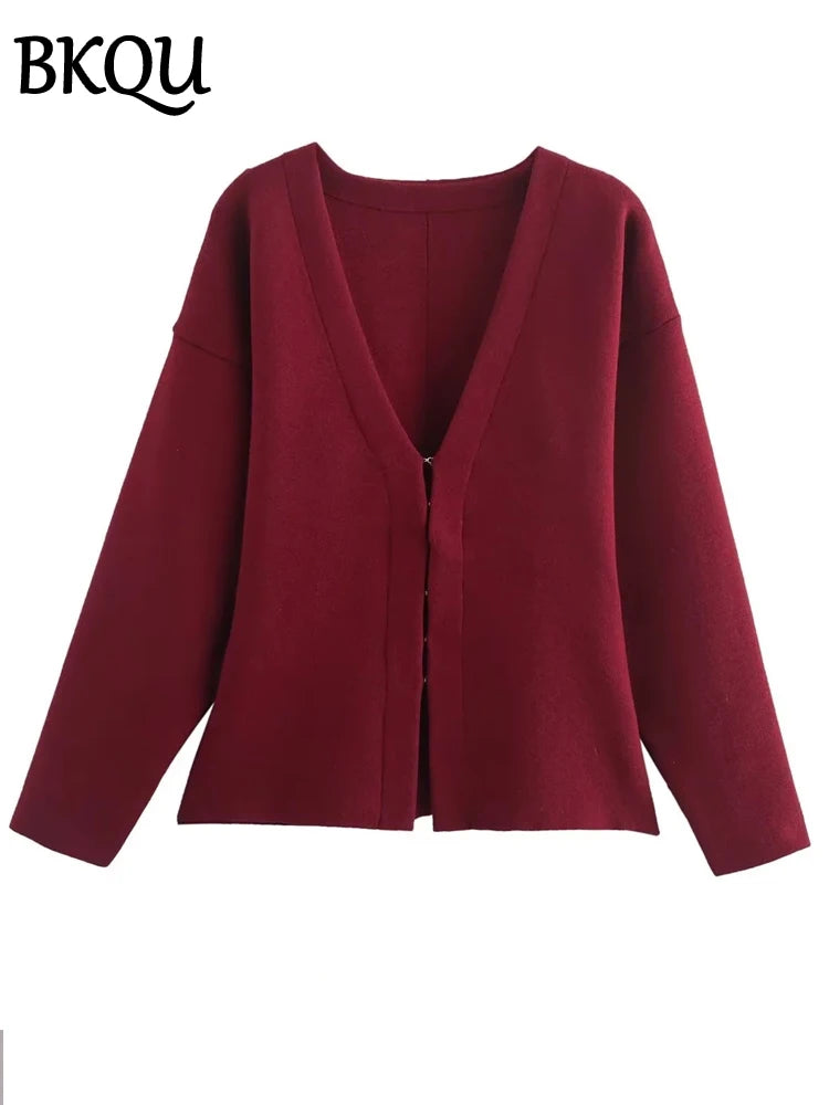 BKQU Elegant Knit V-neck Cardigan Mini Skirt Set Women Slim Long Sleeve Two Piece Set Female Sweater High Waist Skirts Outfits