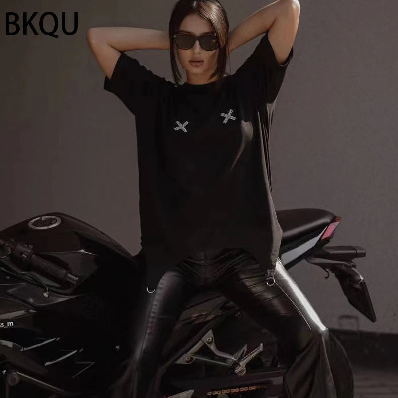 BKQU Rhinestone Loose T shirts for Women 2024 Harajuku Goth Graphic Short Sleeve O-neck Hot Diamonds Female Tees Pullovers Retro