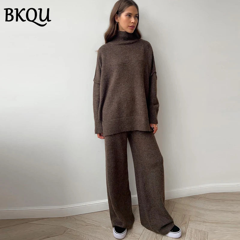 BKQU Women's Knitted Two Piece Pants Set 2024 Autumn Winter Turtleneck Sweater and Wide Leg Long Pants Matching Homewear Suits