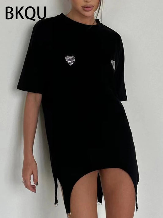 BKQU Women T-Shirts Oversized Short Sleeve Rhinestone Tees Pullovers Fashion Irregular O-Neck Diamond Loose T Shirt Harajuku Top