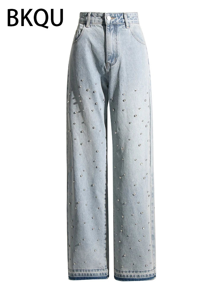 BKQU Wide Leg Straight Jeans for Women 2024 Korean Rhinestones Design Blue High Waist Baggy Pants Female Diamonds Shinny Trouser