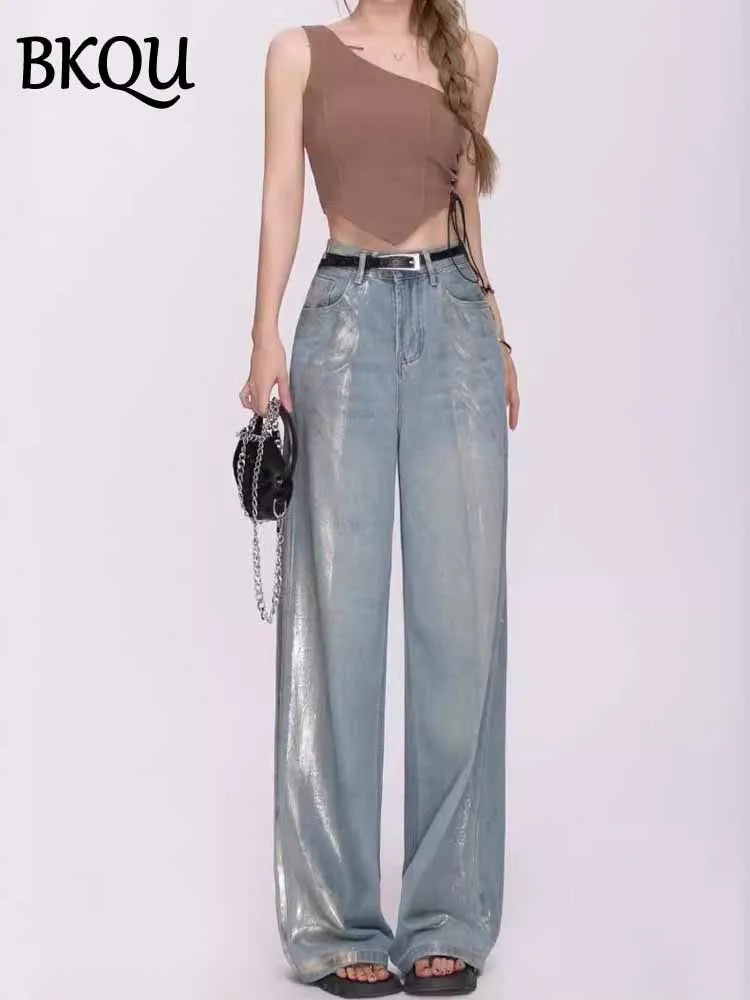 BKQU Aesthetic Metallic Jeans Women Baggy Wide Leg Pants Y2K High Waist Elegant Streetwear Denim Casual Straight Trousers 2025