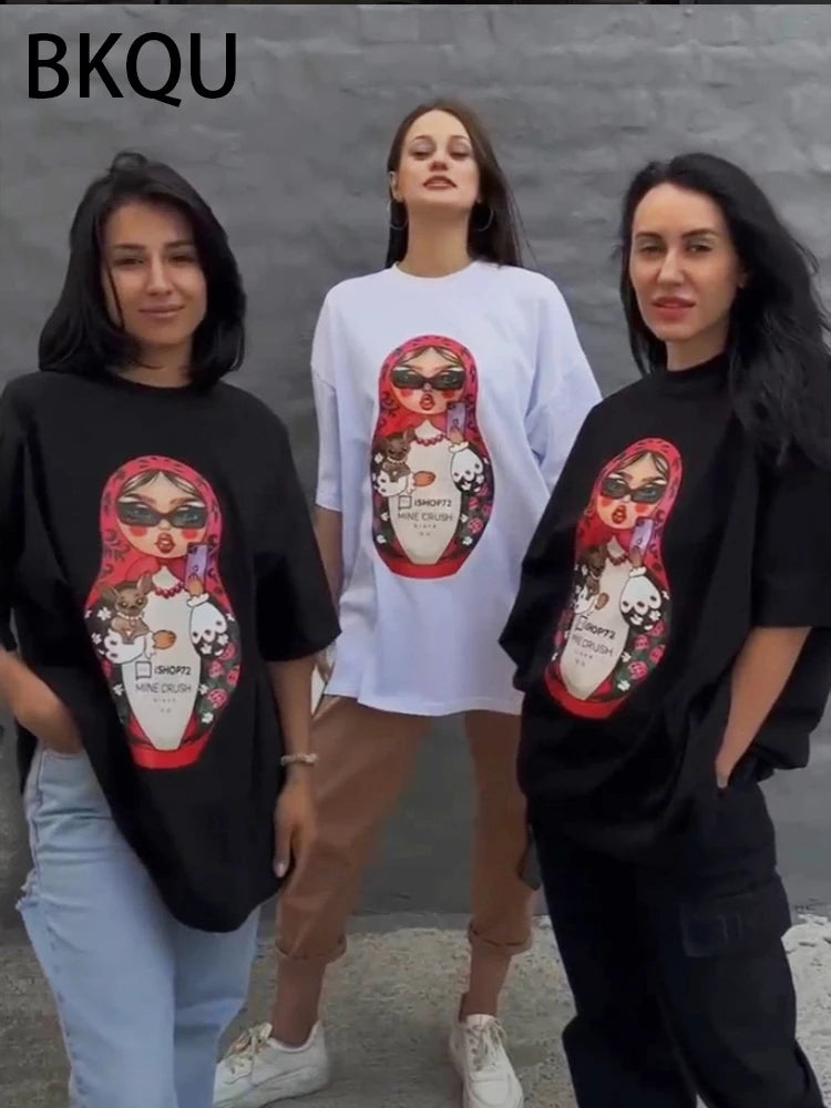 BKQU Letter Printed Loose T shirts Women 2024 High Street Graphic Short Sleeve Pullovers Tops Casual O-neck Kawaii Female Tees