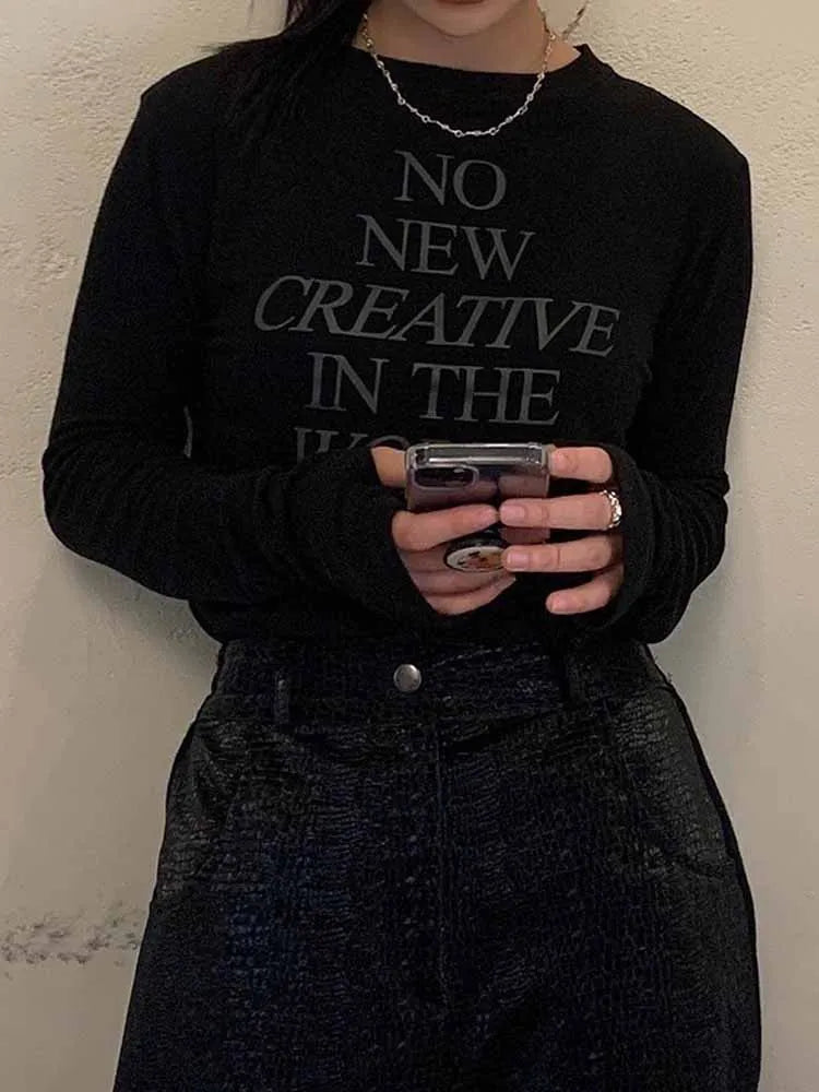 BKQU Harajuku Y2k Letter Print Black T-shirt Women 2025 Spring Long Sleeve Cotton Tops Femme Casual All Match Loose Streetwear