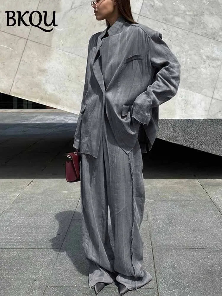 BKQU Vintage Tie-dye 2 Piece Sets Women Fashion Long Sleeve Blazer Coat Loose Wide Leg Pants Matching Set Female Casual Outfits