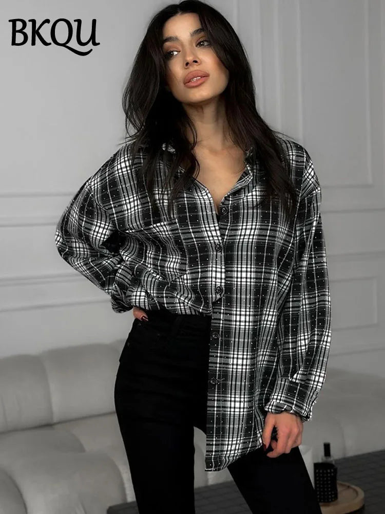 BKQU Fashion Diamond Oversized Long Sleeve Plaid Shirt Women Lapel Pockets Single Breasted Loose Blouse Tops Casual Ladies Shirt