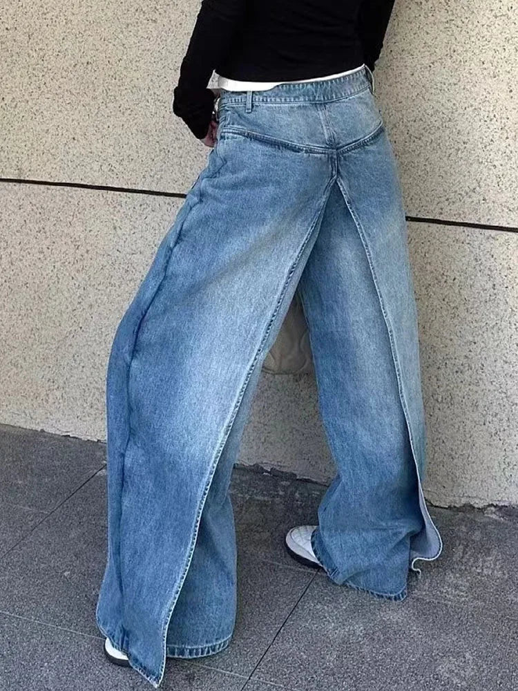 BKQU Spliced Design Jeans Women Hip Hop Baggy Wide Leg Denim Pants Trendy Vintage High Waist Fake Two-piece Jeans Trousers Y2K