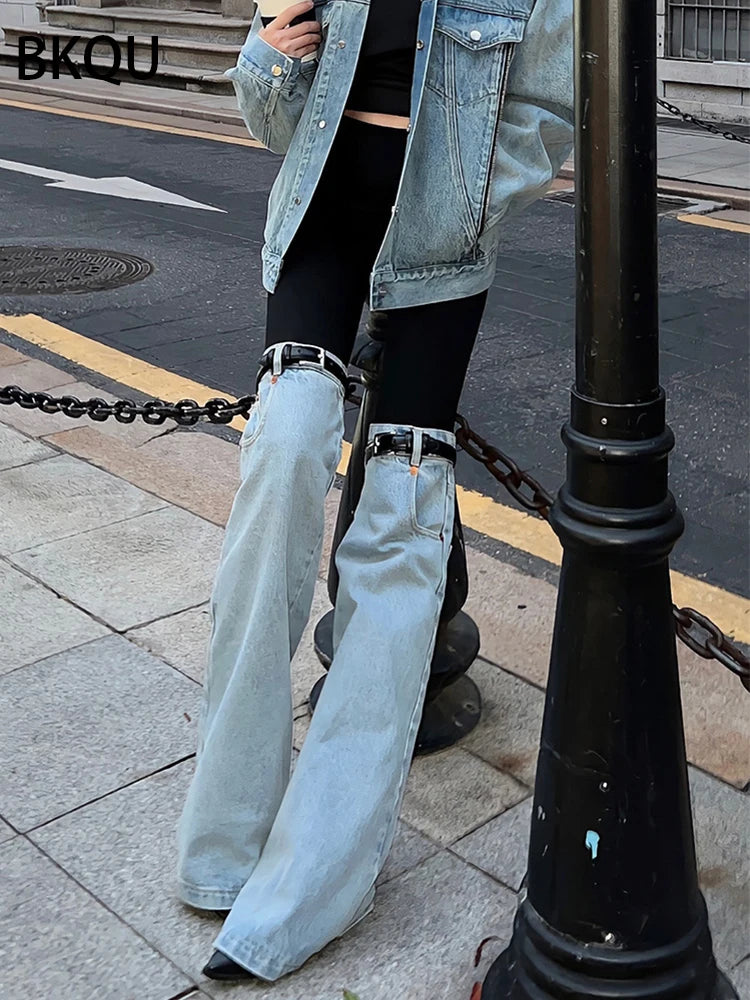 BKQU Patchwork Women's Jeans High Waist Straight Denim Long Wide Leg Jeans Fashion Chic Elastic Waist Streetwear Denim Pants Y2K