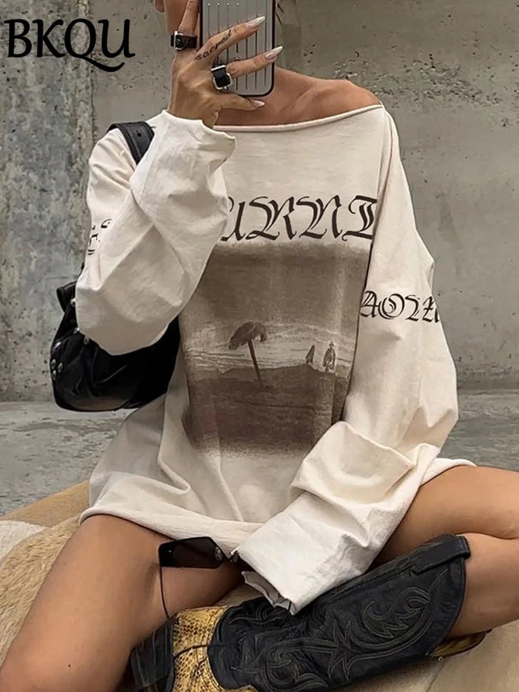 BKQU Oversized T-Shirt Women Letter Graphic Print Off Shoulder Long Sleeve Tees Autumn Casual Streetwear Y2k Grunge Pullover Top