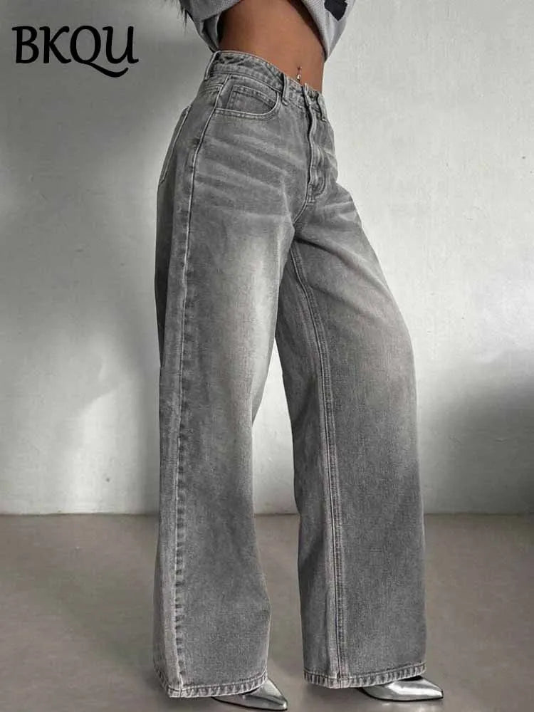 BKQU Gray Vintage Baggy Jeans Woman Streetwear High Waist Y2K Wide Leg Denim Pants Loose Female Hip Hop American Trousers 2000s