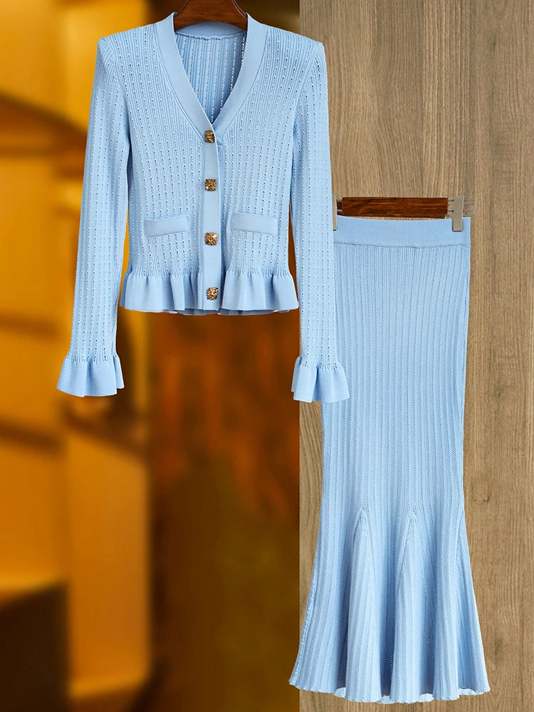 BKQU 2 Pieces Elegant Knit Women's V-neck Ruffles Single Breasted Sweater Slim Long Mermaid Skirt Set Winter Luxury Party Outfit
