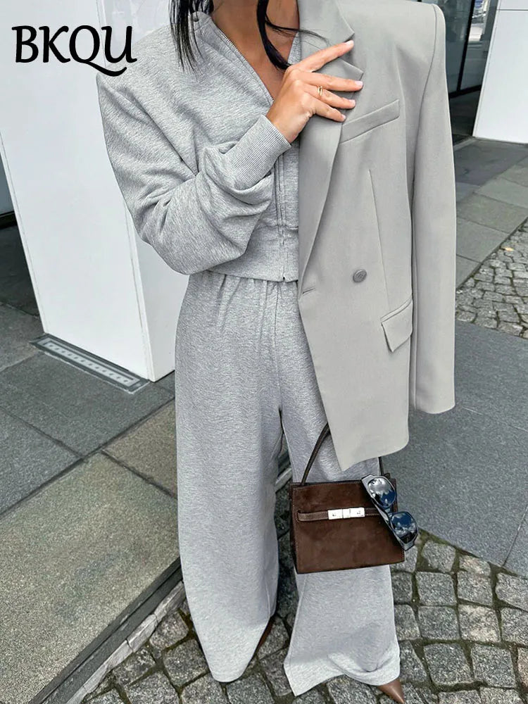 BKQU Casual Tracksuit Women's Hoodies Pants Two Piece Sets Long Sleeve Zipper Coat Wide Leg Pocket Trousers Fashion Lady Outfits