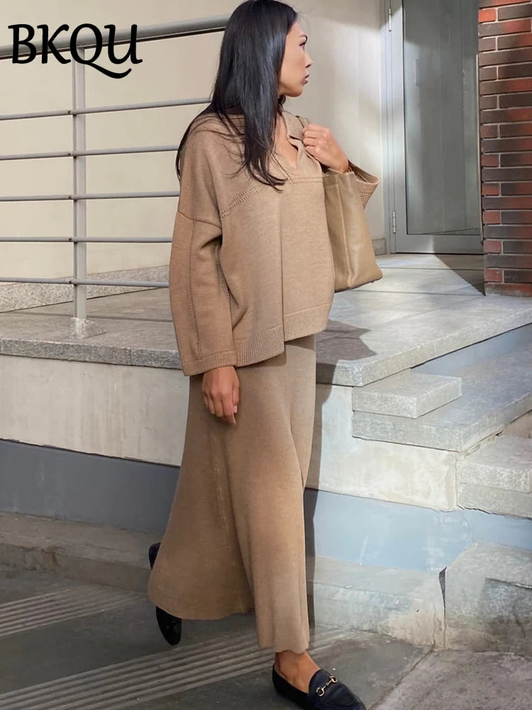 BKQU Knitted Sweater Skirt Two Pieces Set Women Autumn Winter V-neck Loose Pullover Sexy Long Skirts Suits Elegant Party Outfits