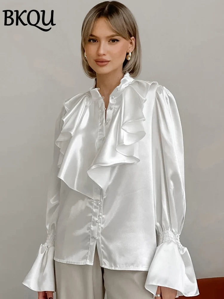 BKQU Satin Woman Ruffles Shirts Elegant Flare Long Sleeves Stand Collar Beading Loose Blouse Office Lady Casual Shirts Tops 2024